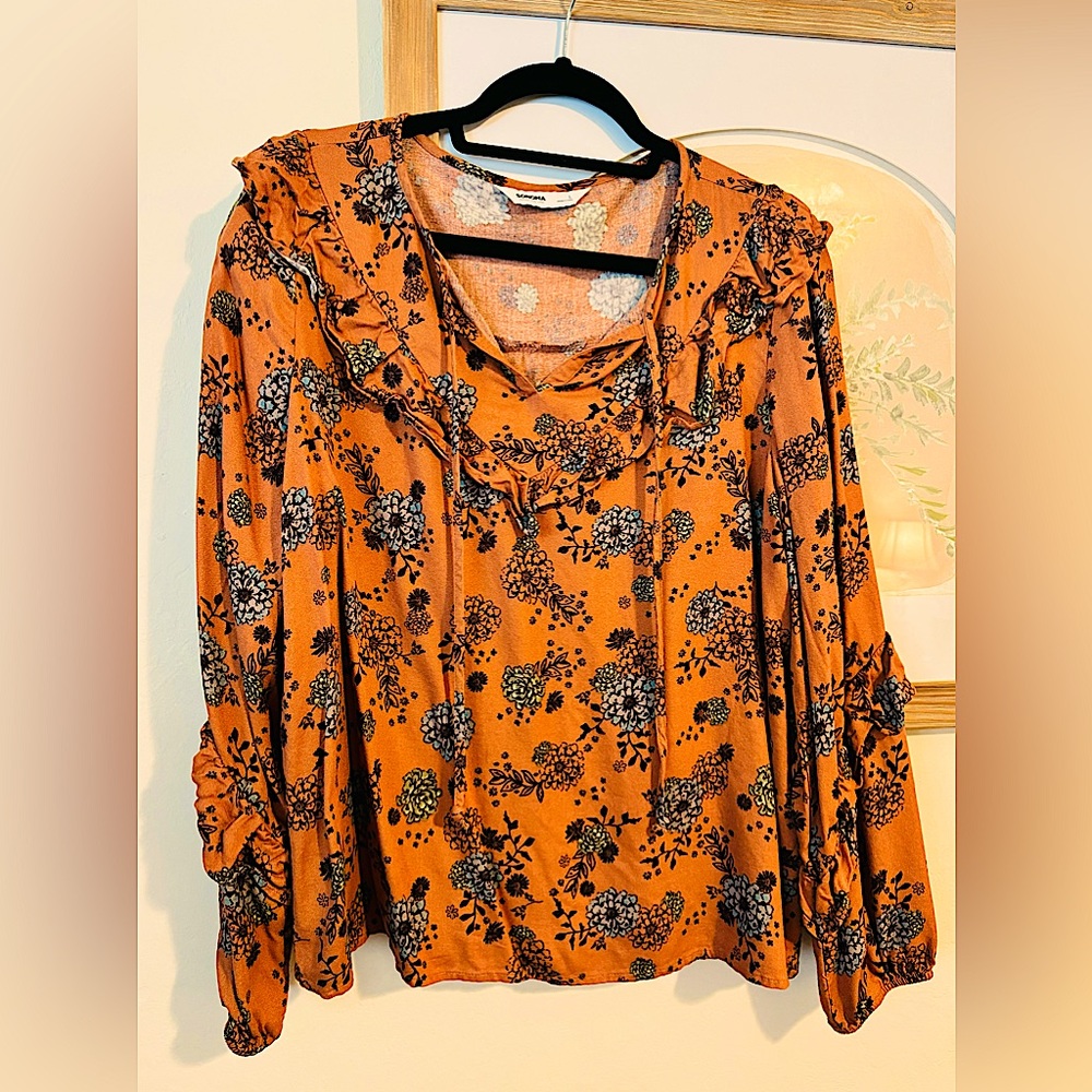 GUC- Sonoma-Size L-Burnt Orange Floral Boho Blouse.
